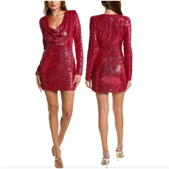$598 Ronny Kobo Women's Red Tahne Sequin Draped Cowl Neck Mini Dress Size 8 - Picture 1 of 14